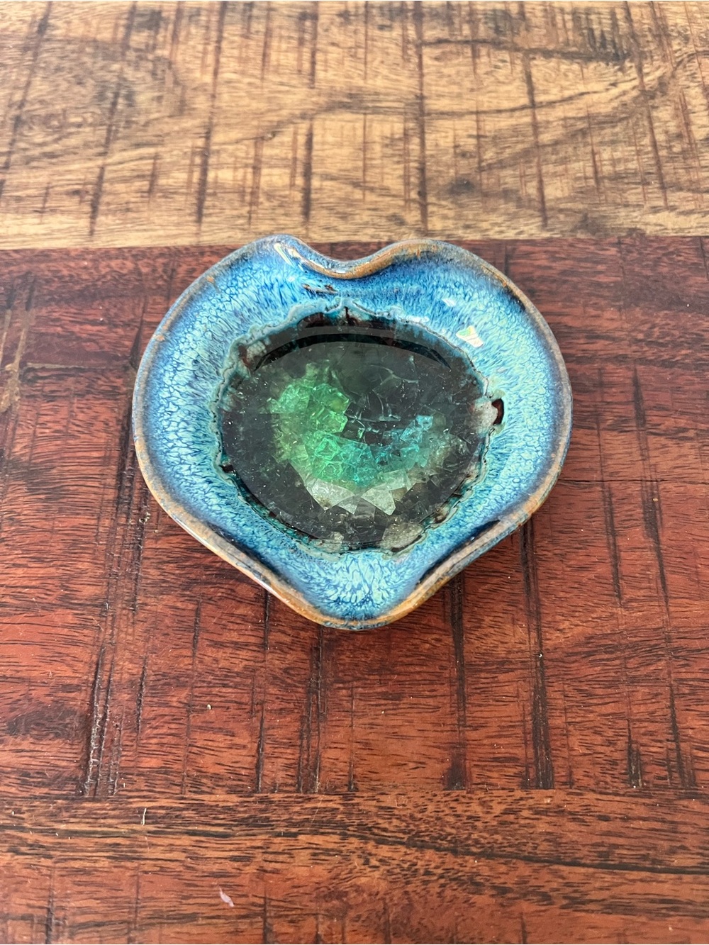 Blue Green Glazed Heart Ceramic Jewelry Dish - Decorative Home Art
